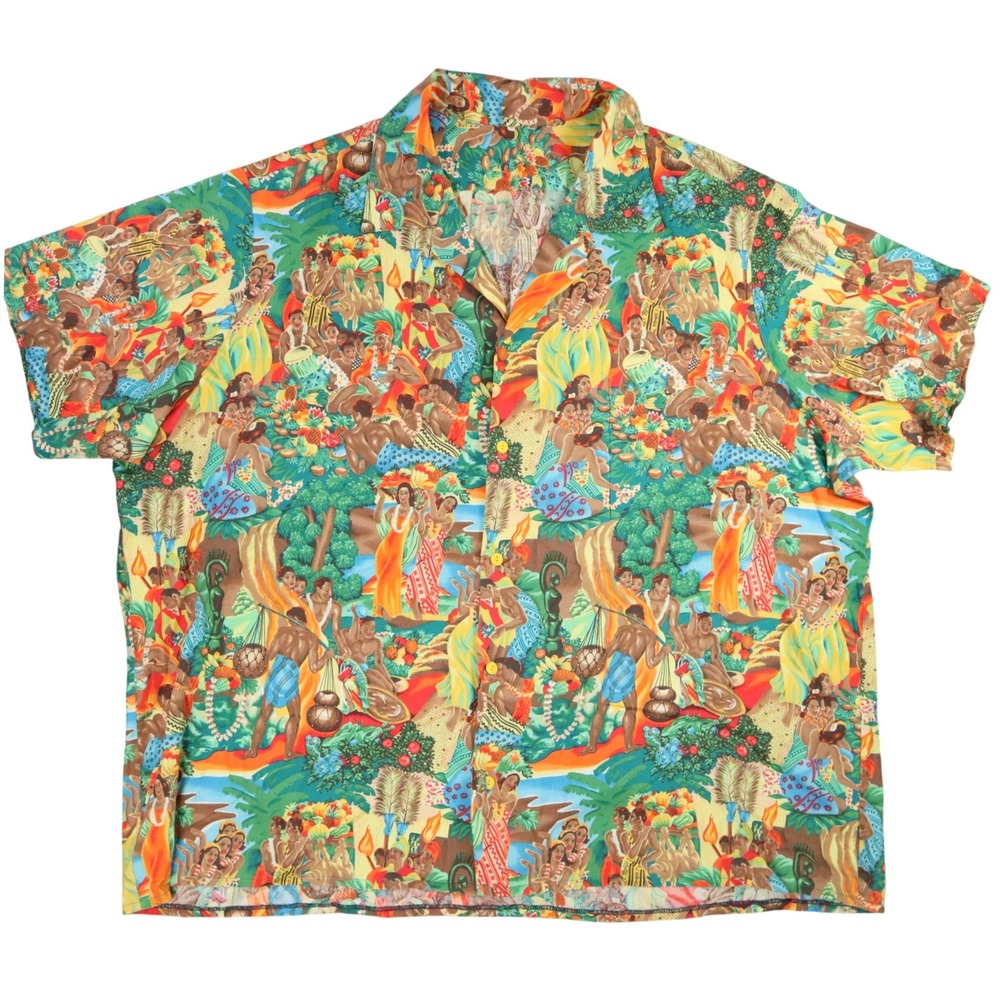 Handmade Hawaiian Shirt Mens XL Hula Girl Luau Tiki Cotton Camp Collar Button Up